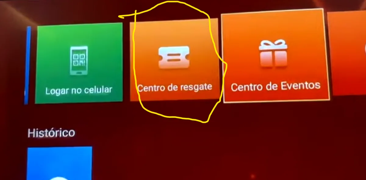 Menu do perfil no app UniTV com a opção Centro de Resgate destacada, onde o código de 16 dígitos é digitado